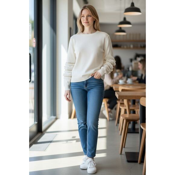 Sioni sz small cream crewneck embellished ruffle dolman sleeve sweater new - Picture 2 of 8